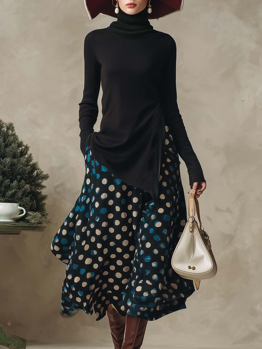 Model wearing black high-neck knitted top and polka dot skirt set outdoors