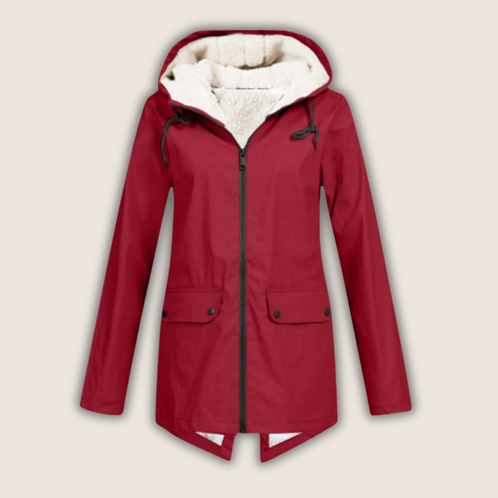 Liora waterproof rain jacket in red with cozy hood lining