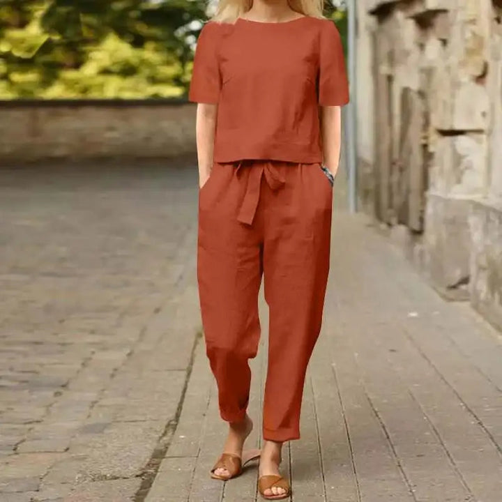 Full view of women casual two piece matching set in soft lounge fabric