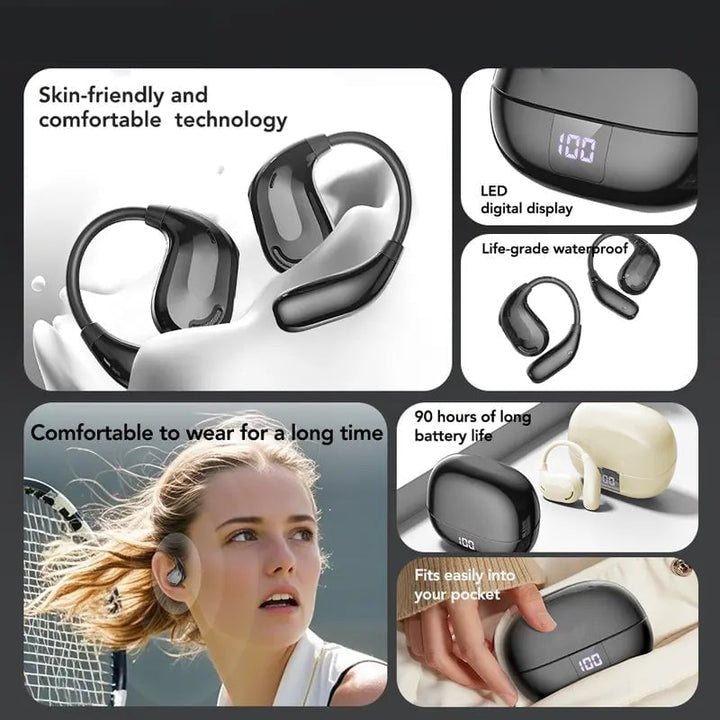 Unisex wireless bluetooth headphones showing secure ear-hook design for sports
