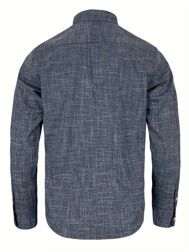Detailed fit check of mens slim fit button-up shirt from the side