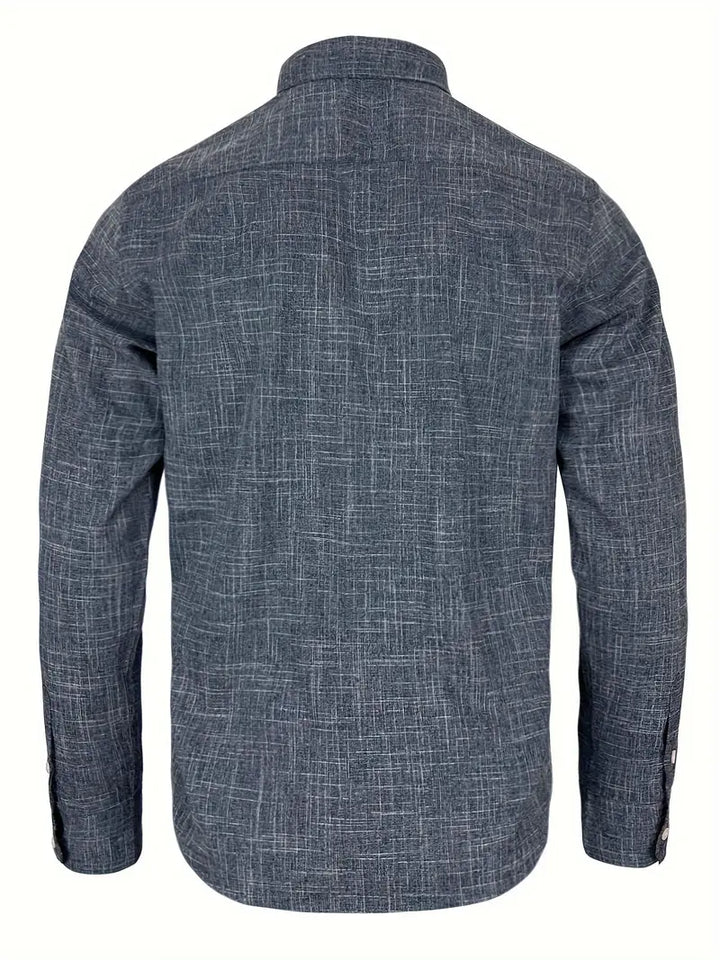 Detailed fit check of mens slim fit button-up shirt from the side