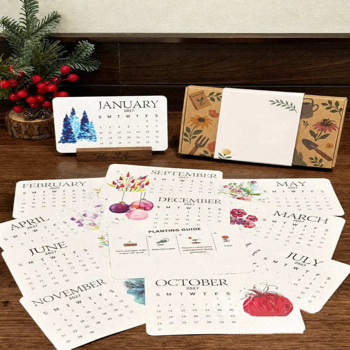 Plantable Seed Paper Calendar 2027 spread out with all monthly cards displayed next to a decorative box and wooden stand