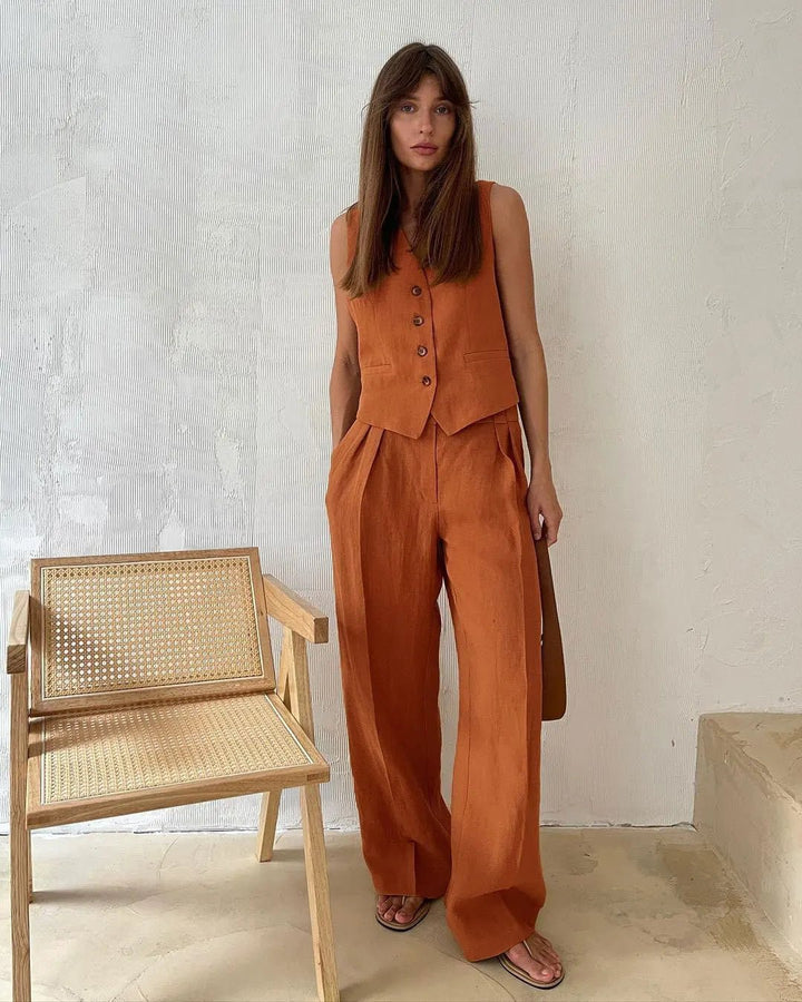 Close-up of the pleated texture on the wide leg pants