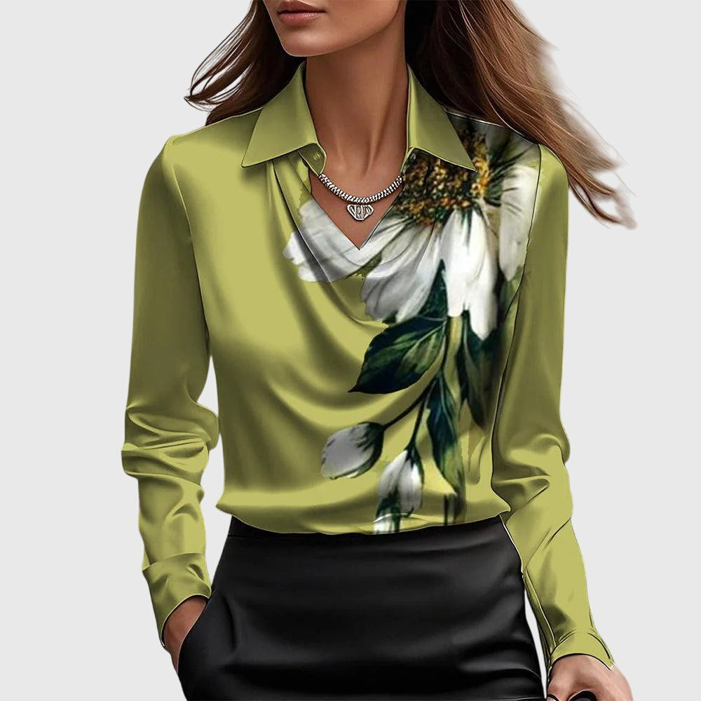 Back view of flowing blouse for women demonstrating comfortable fit and drape
