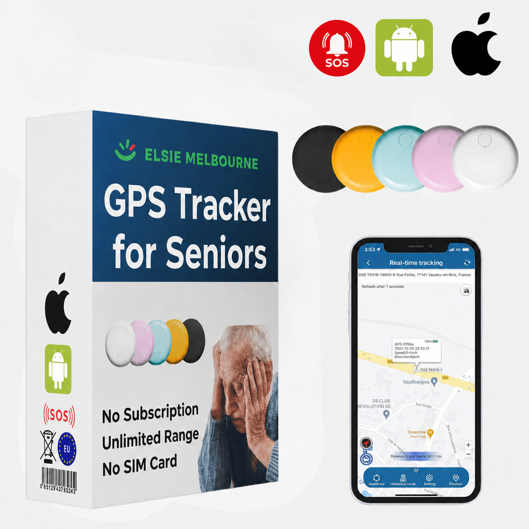 Packaging and colour variants of the seniors GPS tracker with smartphone interface