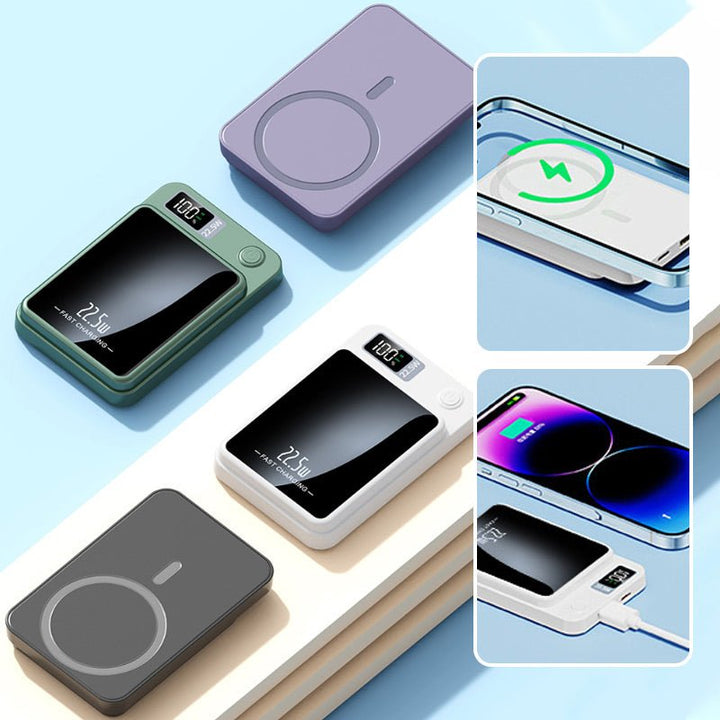 Compact travel charger in a backpack pocket next to passport and keys