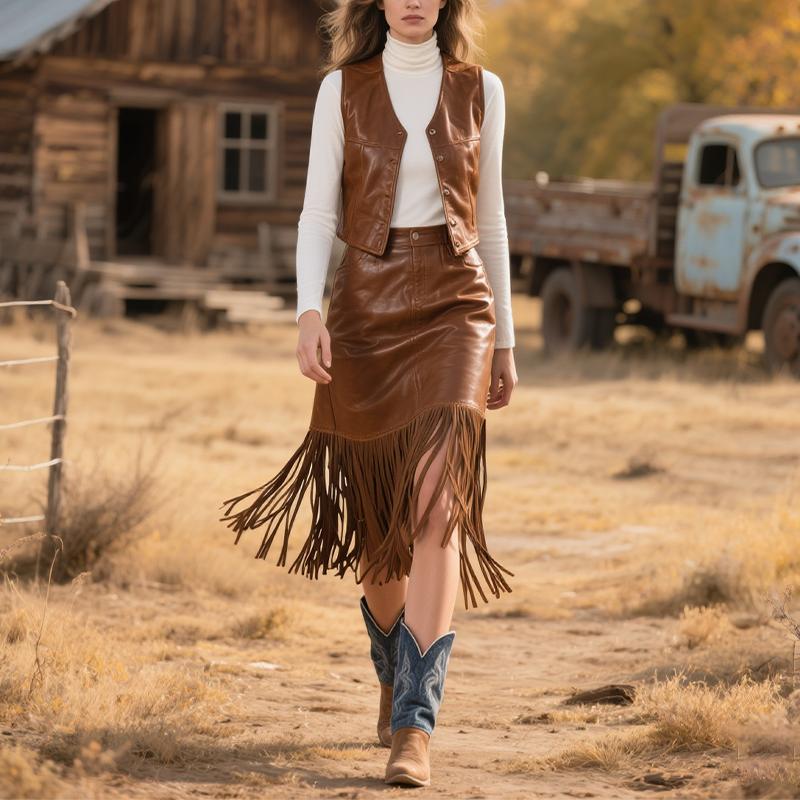 Full view of a woman wearing a brown fringe skirt and vest in a rustic outdoor setting