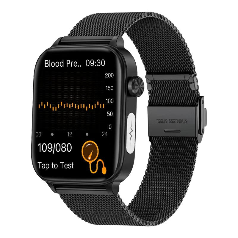 Black Milanese stainless steel strap smartwatch displaying blood pressure metrics