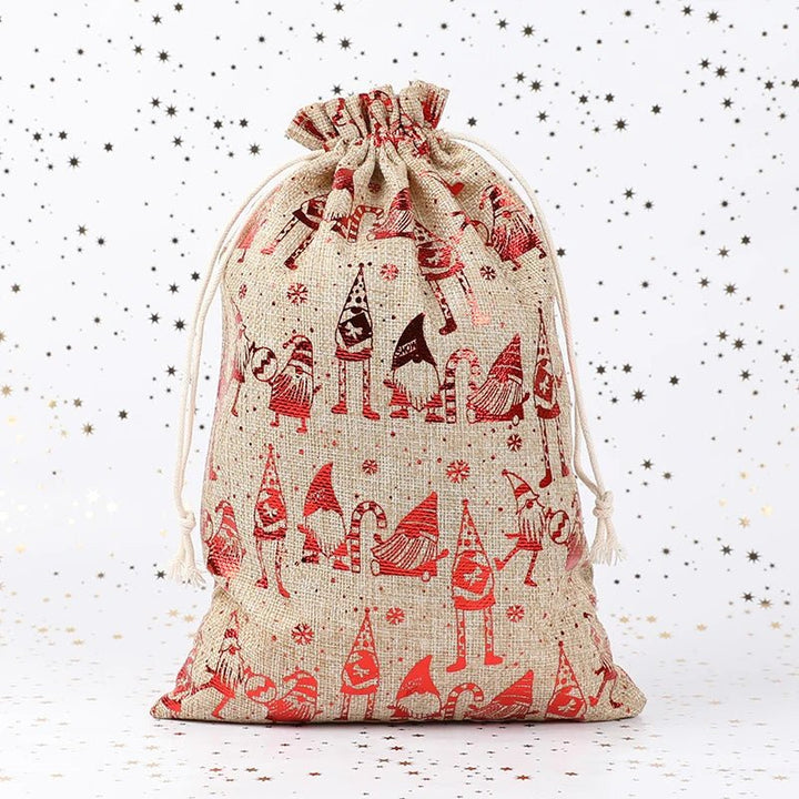 Beige linen gnome print Christmas gift bag with white drawstring