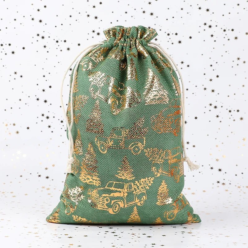 Green tree print holiday gift bag with gold foil details