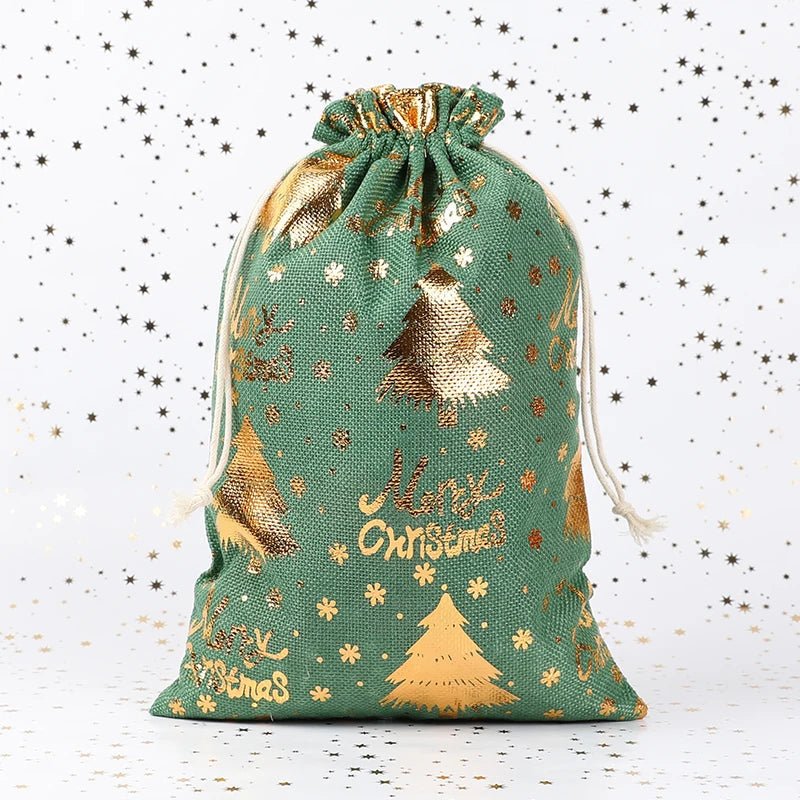 Green and red eco-friendly wrapping bags featuring Christmas tree and snowflake designs