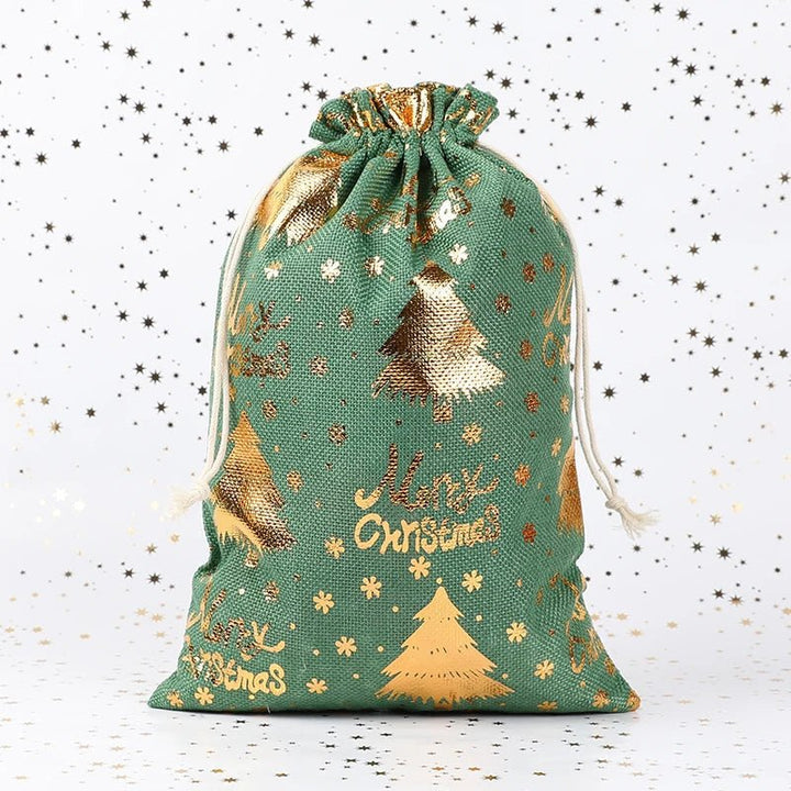 Green and red eco-friendly wrapping bags featuring Christmas tree and snowflake designs