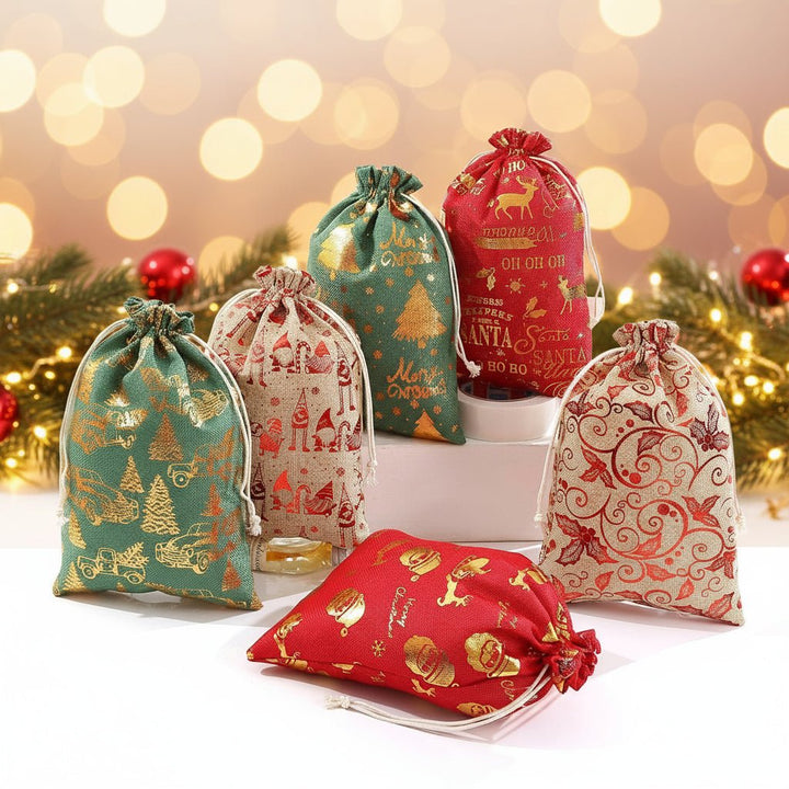 Assorted holiday packaging fabric gift bags with secure drawstring closure