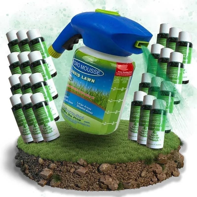 Eco-friendly lawn seed spray bottle with multiple refill bottles arranged around it on grass turf model