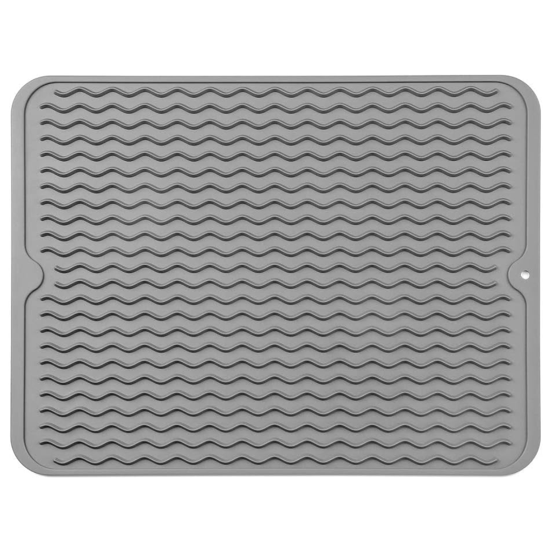 Gray eco-friendly silicone dish drying mat with ridged surface