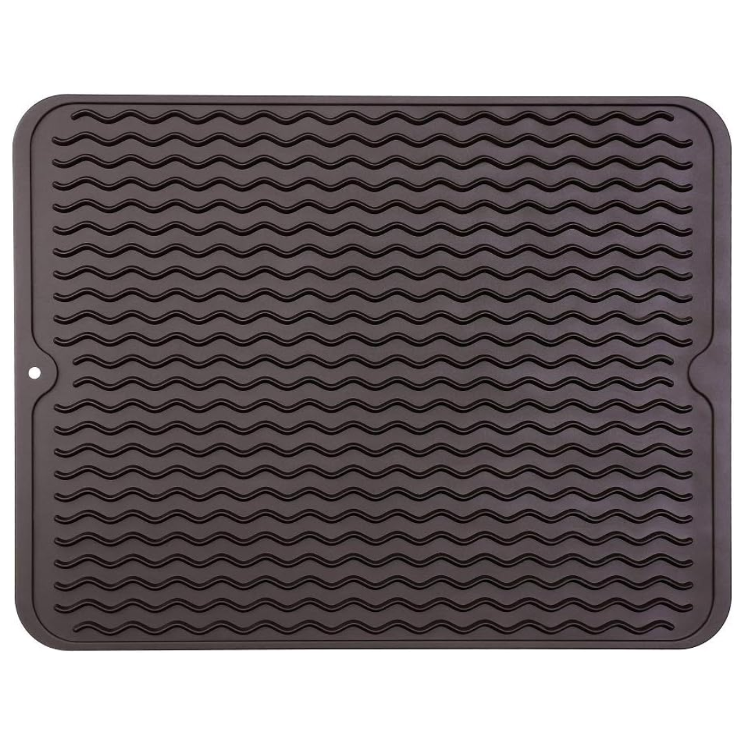 Gray silicone dish drying mat laid flat on countertop