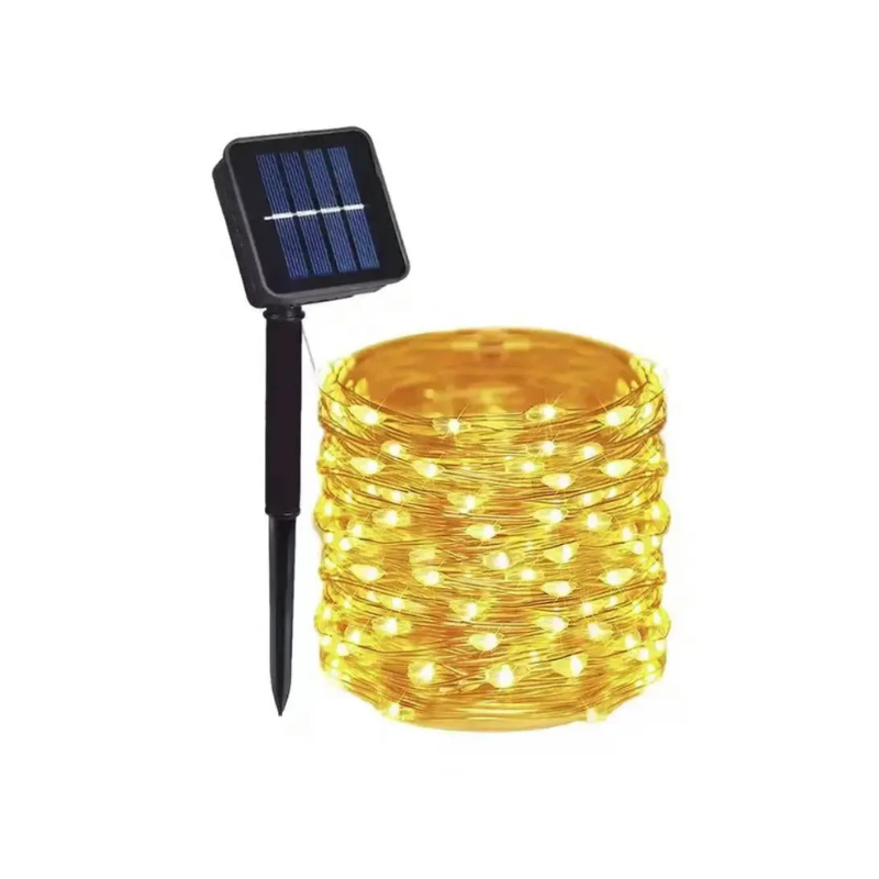 Warm glowing solar string lights with a black solar panel spike