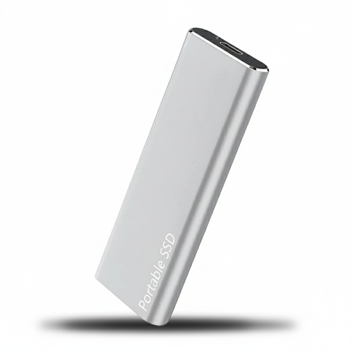 External hard drive in hand demonstrating lightweight and compact design