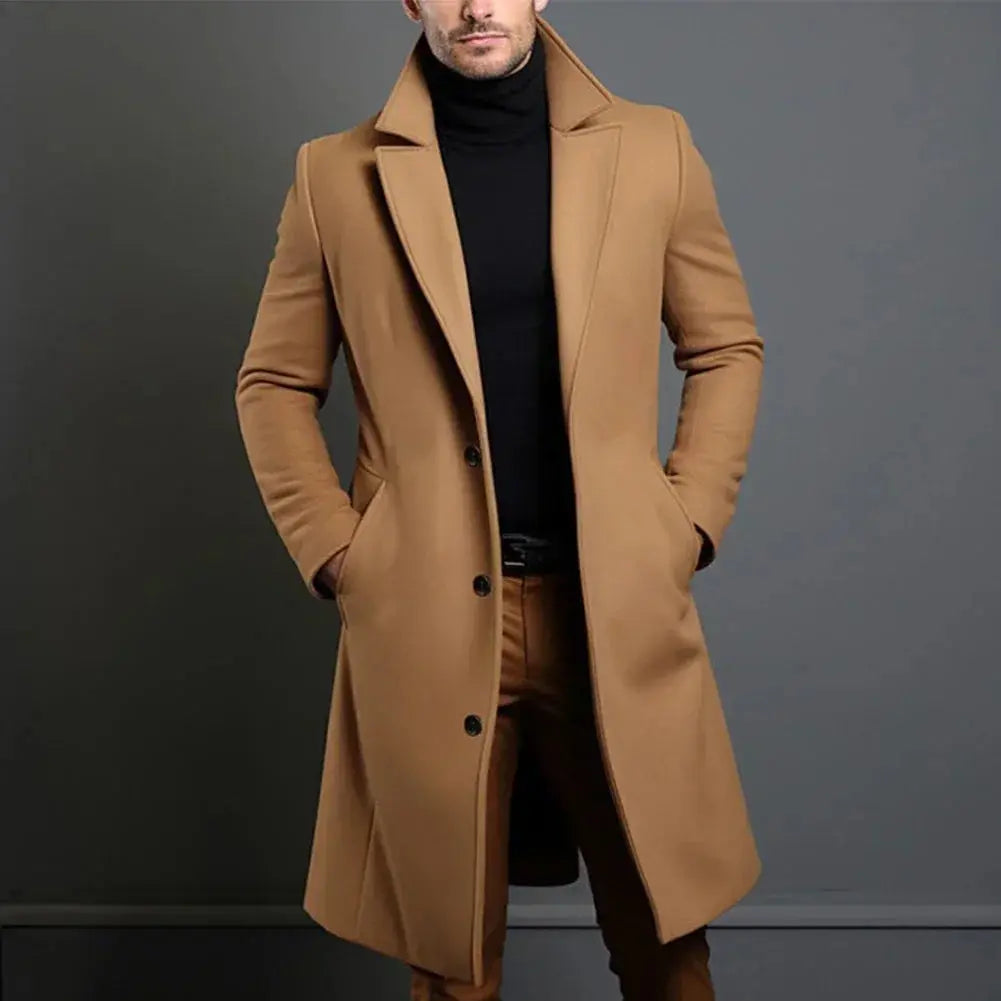 Man wearing a beige slim-fit long overcoat with notched lapel