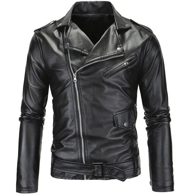Men's black slim fit biker jacket with asymmetric zipper and waist belt