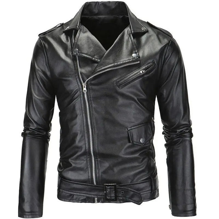 Men's black slim fit biker jacket with asymmetric zipper and waist belt