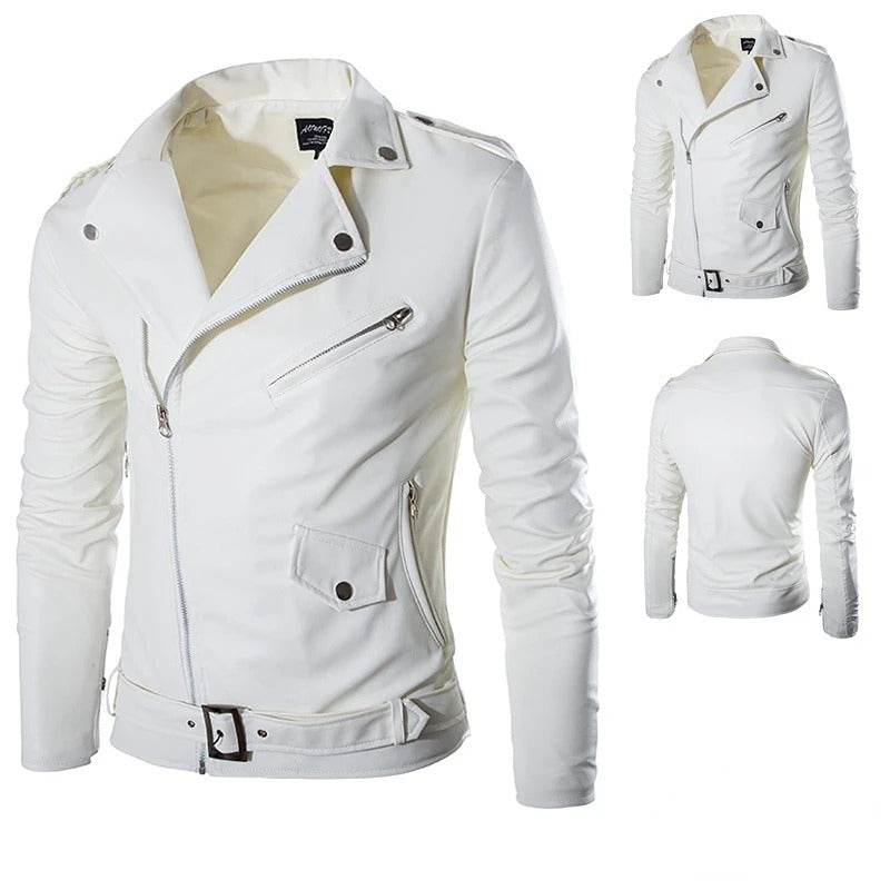 Men's white slim fit biker jacket shown from front and back angles