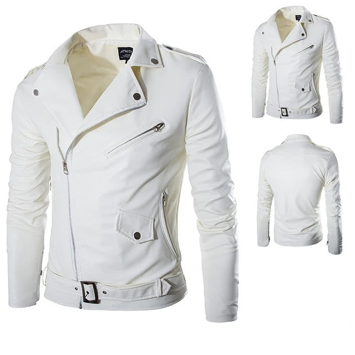 Men's white slim fit biker jacket shown from front and back angles
