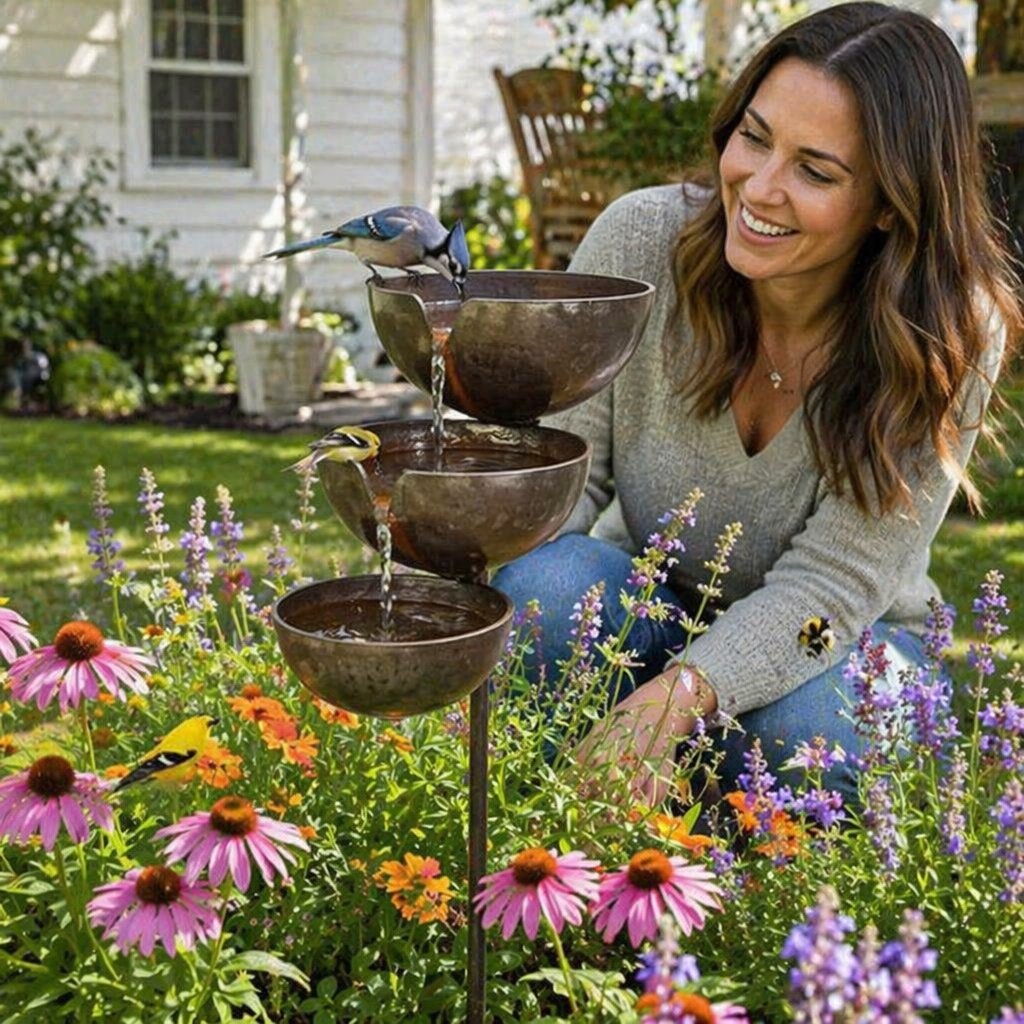 Woman smiling in garden next to cascading metal rain-catching bird bath with visiting birds