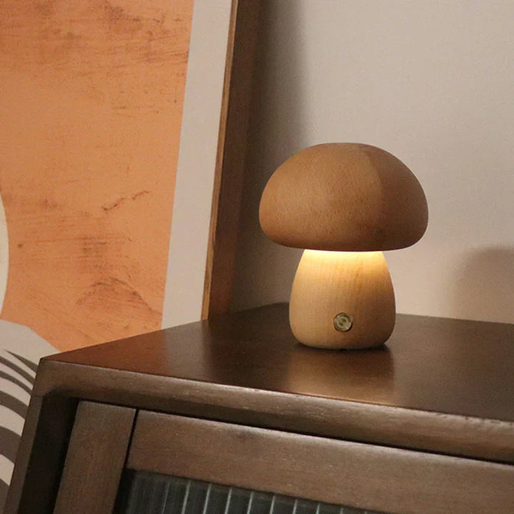 Ambient wooden bedside light creating a cozy atmosphere