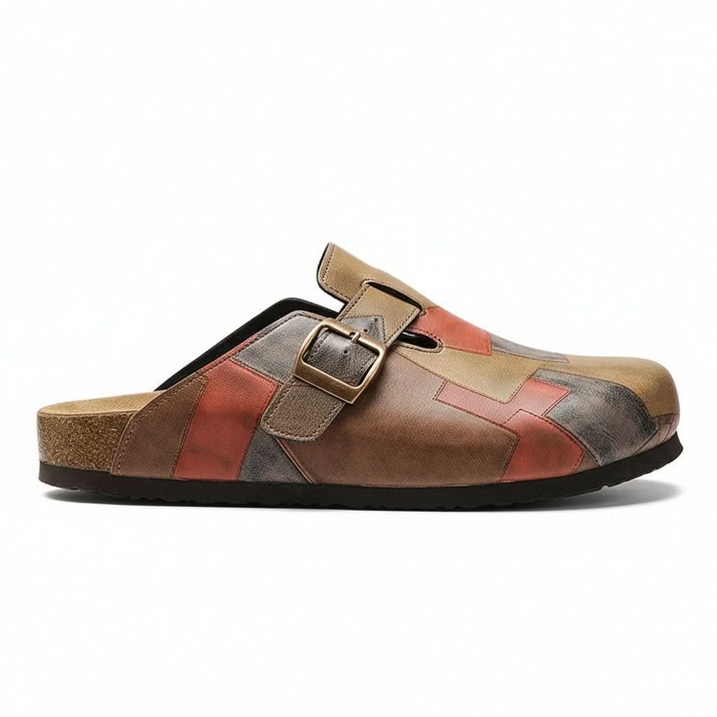 Close up of textured fabric and pattern details on casual slip on clogs