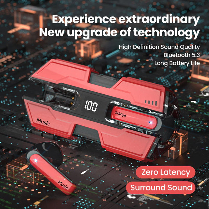 Red stereo sound bluetooth earphone shown with charging case