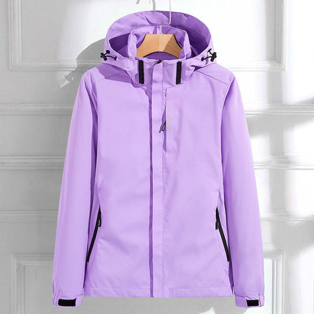 Purple waterproof adjustable hooded rain jacket front view
