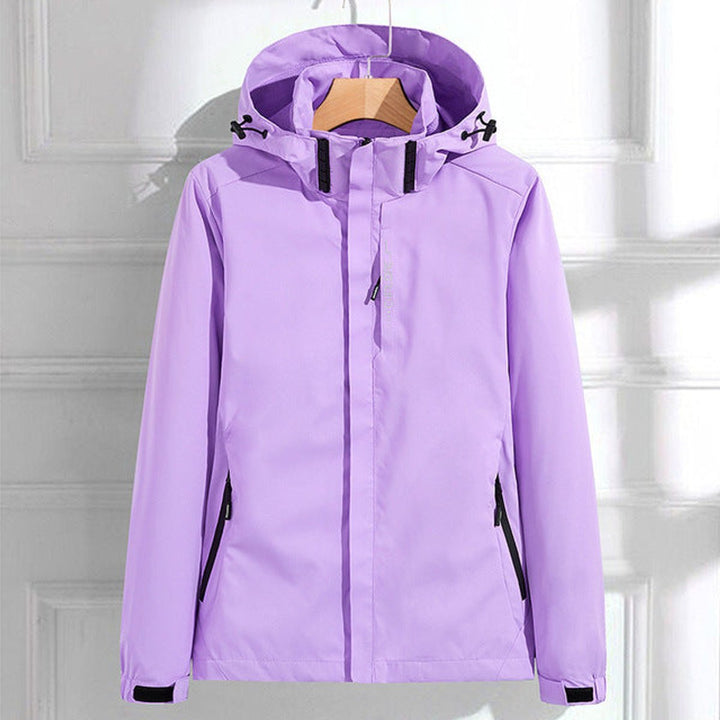 Purple waterproof adjustable hooded rain jacket front view