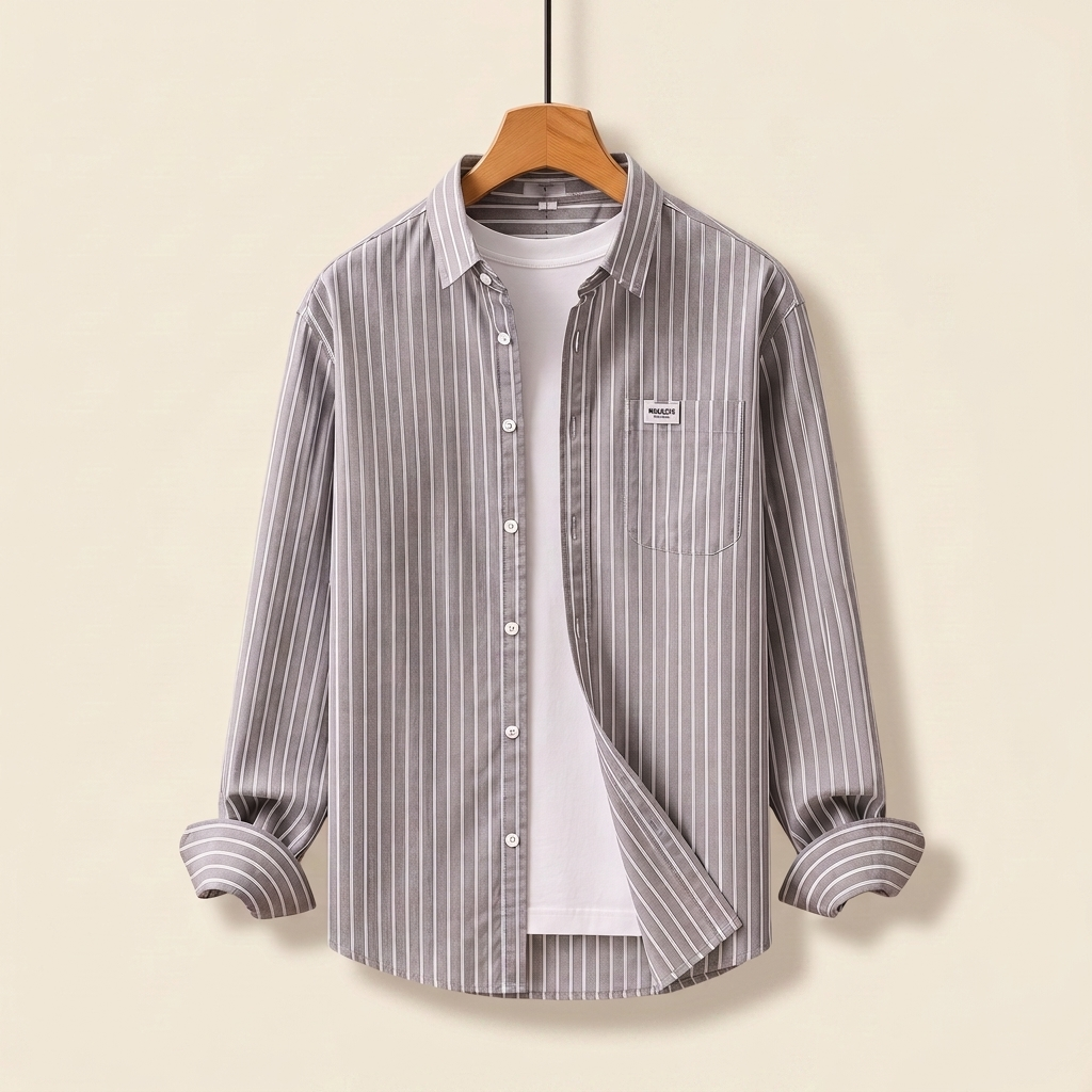 Close-up view of fabric and buttons on a men's smart casual striped shirt