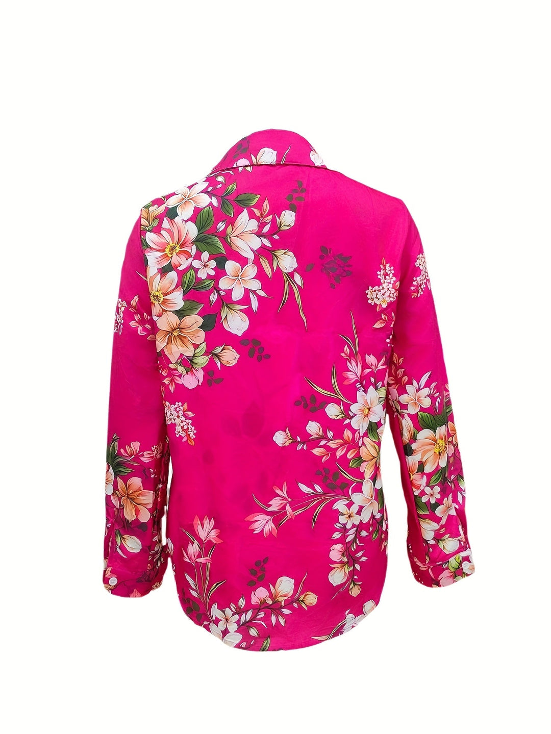 Back view of the pink floral collared long sleeve blouse showcasing the vibrant print