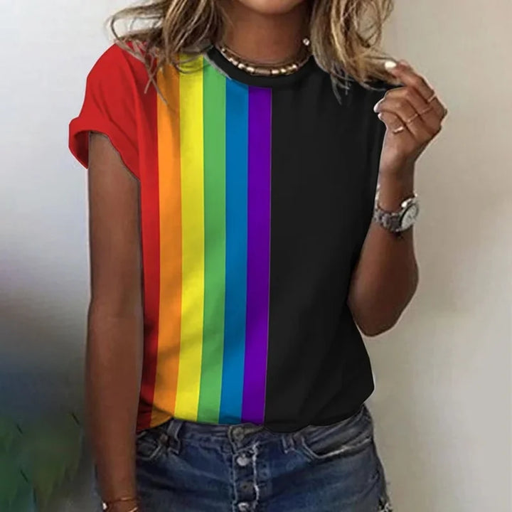Woman wearing black short-sleeve T-shirt with vibrant rainbow print vertical stripes