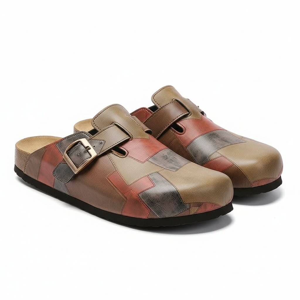 Alternative view of artisan style patchwork clogs showcasing buckle detail