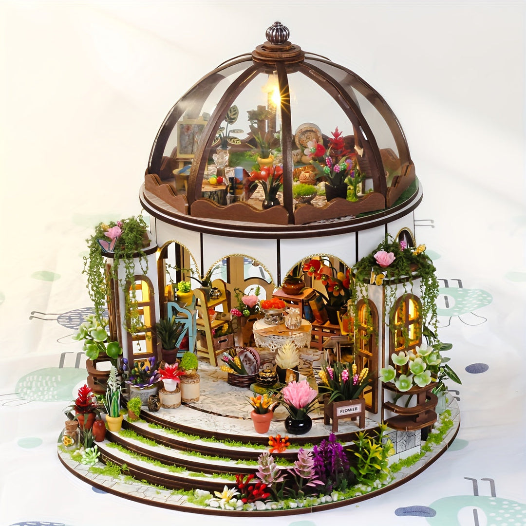 DIY miniature flower house 3D wooden puzzle kit with LED lights assembled