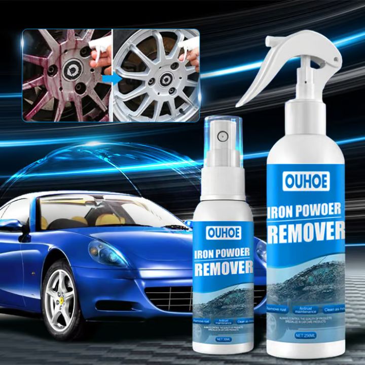 Effective metal and chrome rust remover spray bottle next to a blue car