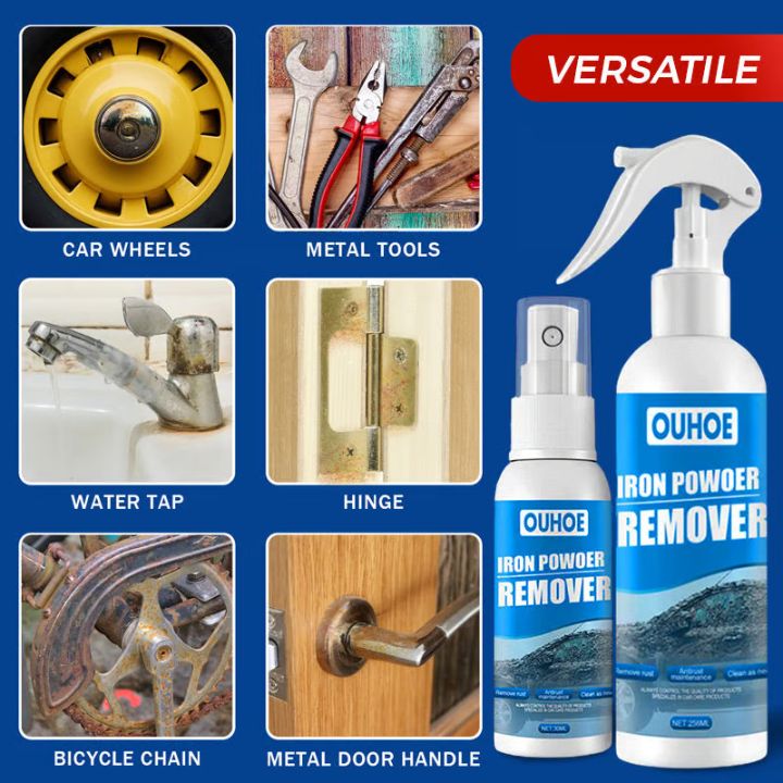 Rust remover spray demonstrated on various metal household items