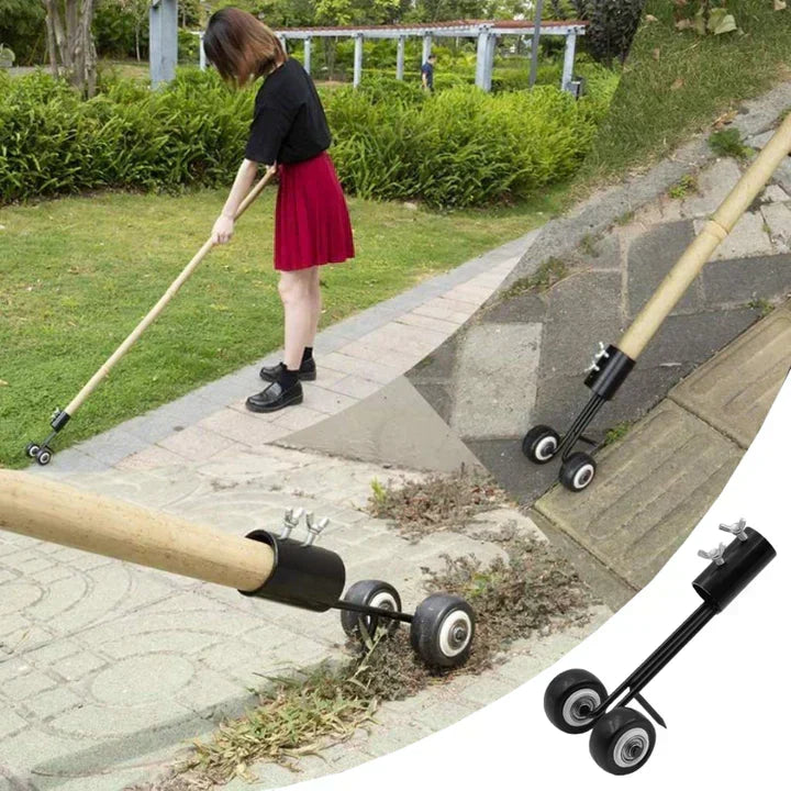 Rolling weed remover in action, pulling weeds easily from a backyard pathway.