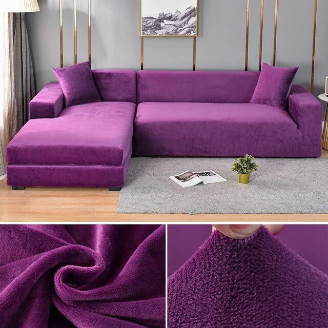 Protective elastic furniture cover installed on modern living room sofa