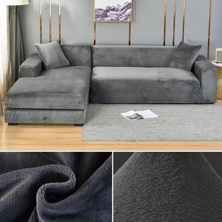 Dark gray elastic sofa cover displayed on an L-shaped sectional couch