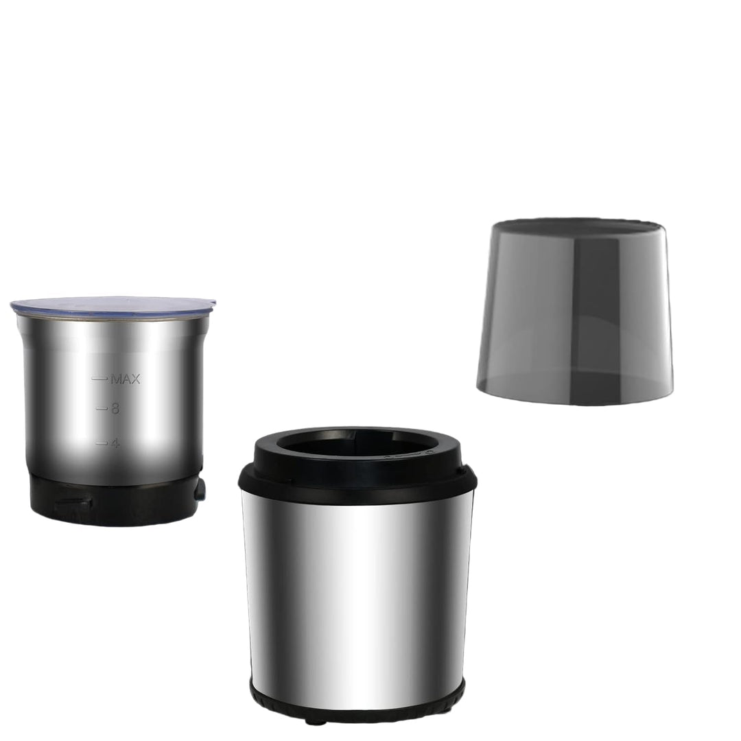 Disassembled parts of the electric coffee grinder showing base and cup