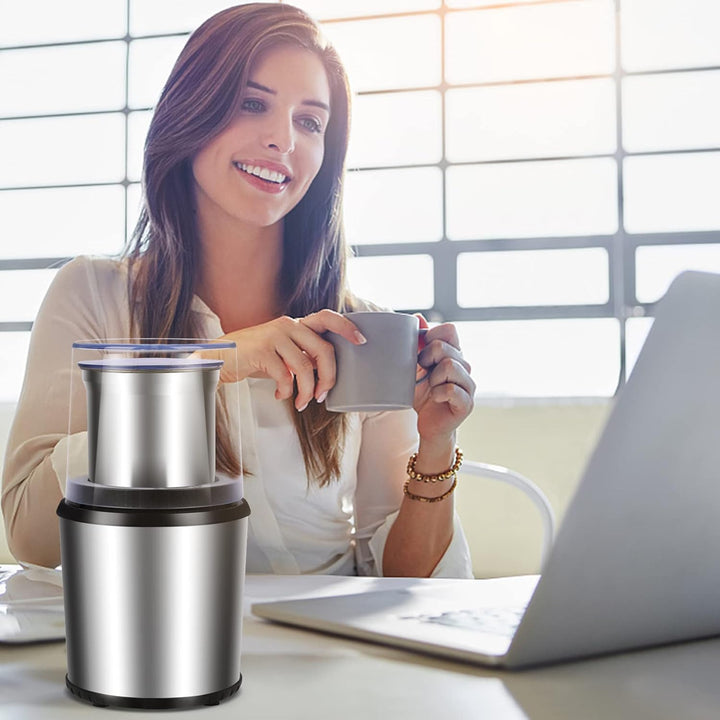 Stainless steel electric coffee and spice grinder with removable cup
