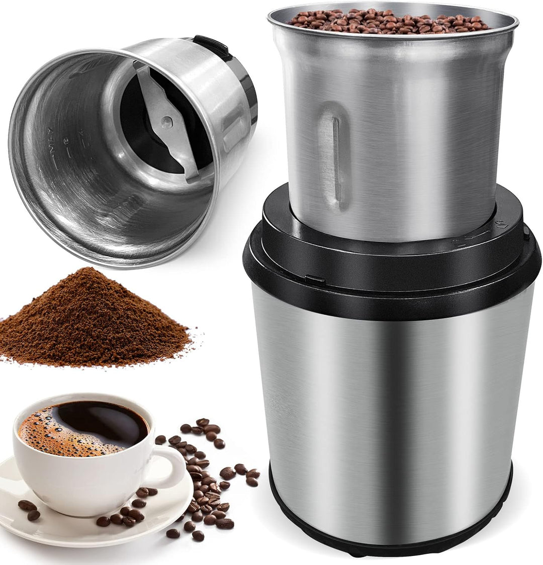 Electric coffee grinder with removable stainless steel cup and coffee grounds