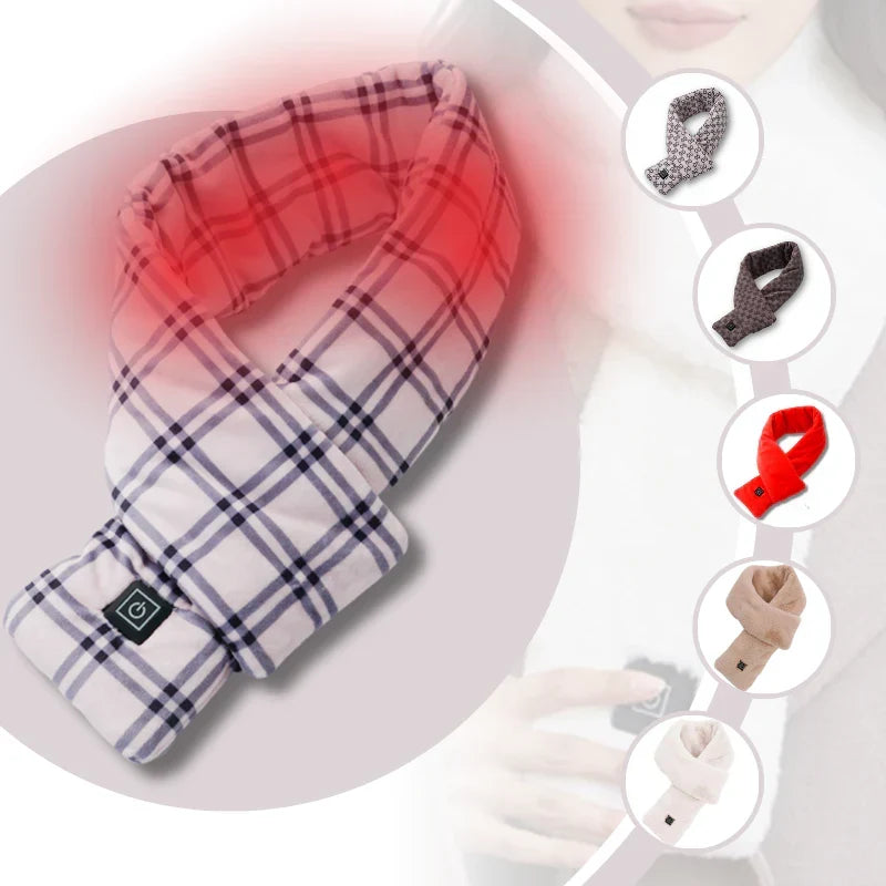 Close-up of a plaid electric heated scarf showing the power button and glowing heating area