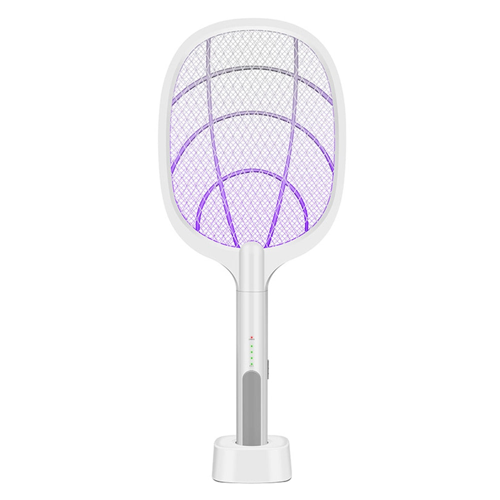 Electric mosquito swatter racket on a charging base with active LED violet light