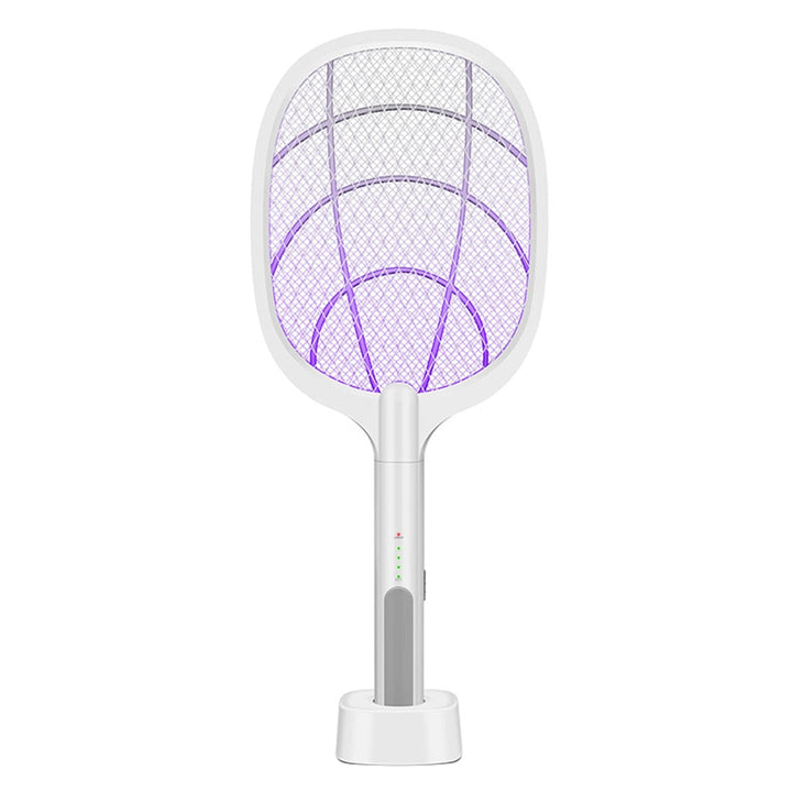 Electric mosquito swatter racket on a charging base with active LED violet light